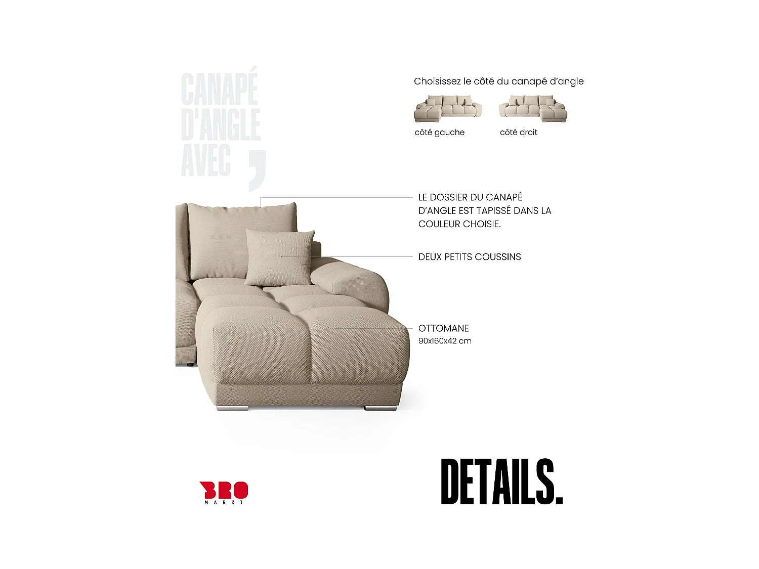 Canapé d'angle convertible en forme de L NUBES 290x180x85 cm beige