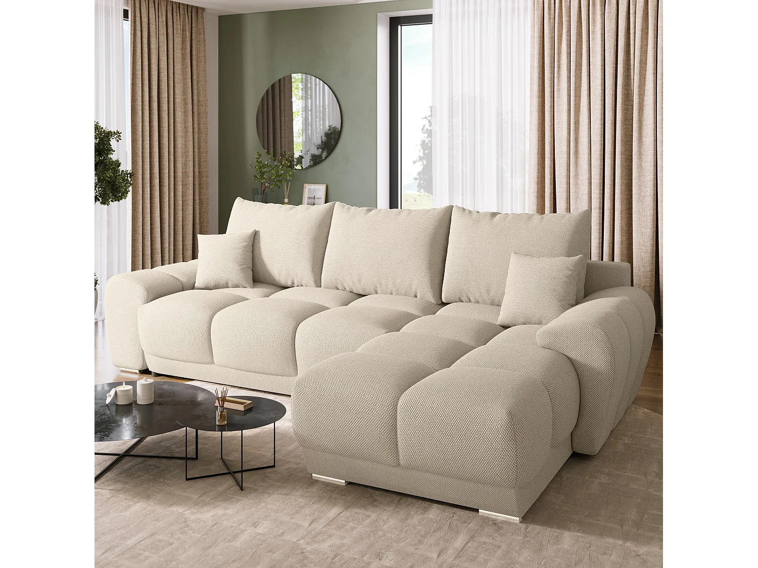 Canapé d'angle convertible en forme de L NUBES 290x180x85 cm beige