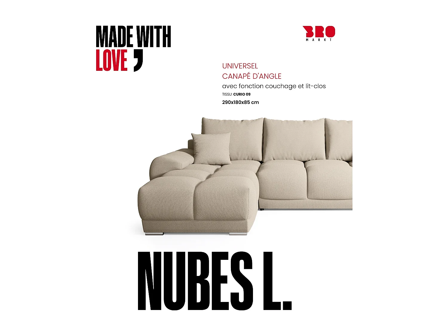 Canapé d'angle convertible en forme de L NUBES 290x180x85 cm beige