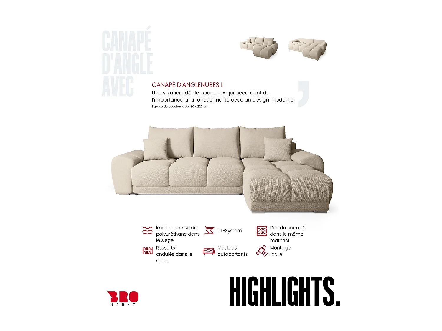 Canapé d'angle convertible en forme de L NUBES 290x180x85 cm beige