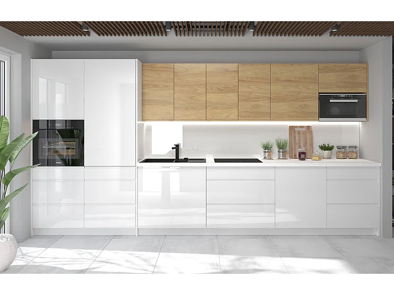 KÜCHENZEILE Avellino (10-tlg) Weiß Acryl Hochglanz / Hickory Natur Matt / Weiß Matt 406 / 59 / 207cm