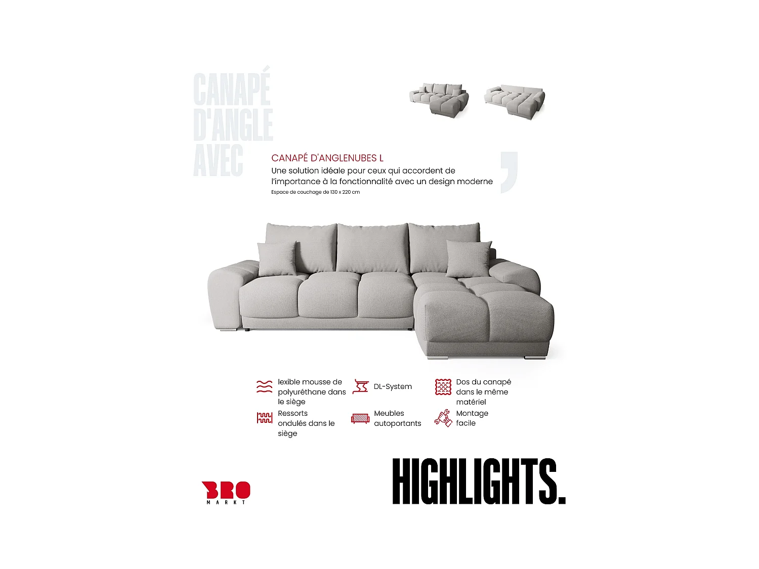 Canapé d'angle convertible en forme de L NUBES 290x180x85 cm gris clair