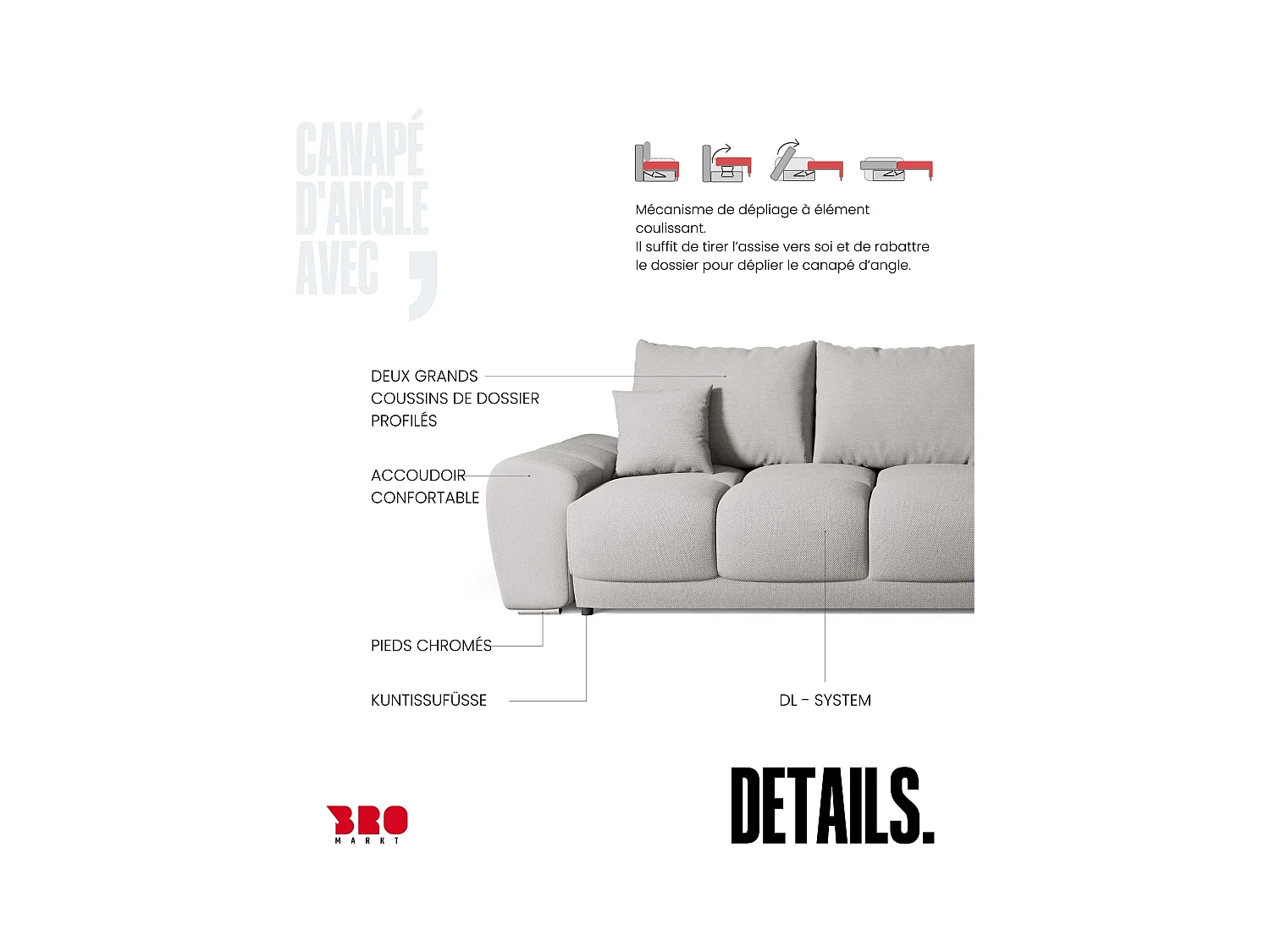 Canapé d'angle convertible en forme de L NUBES 290x180x85 cm gris clair