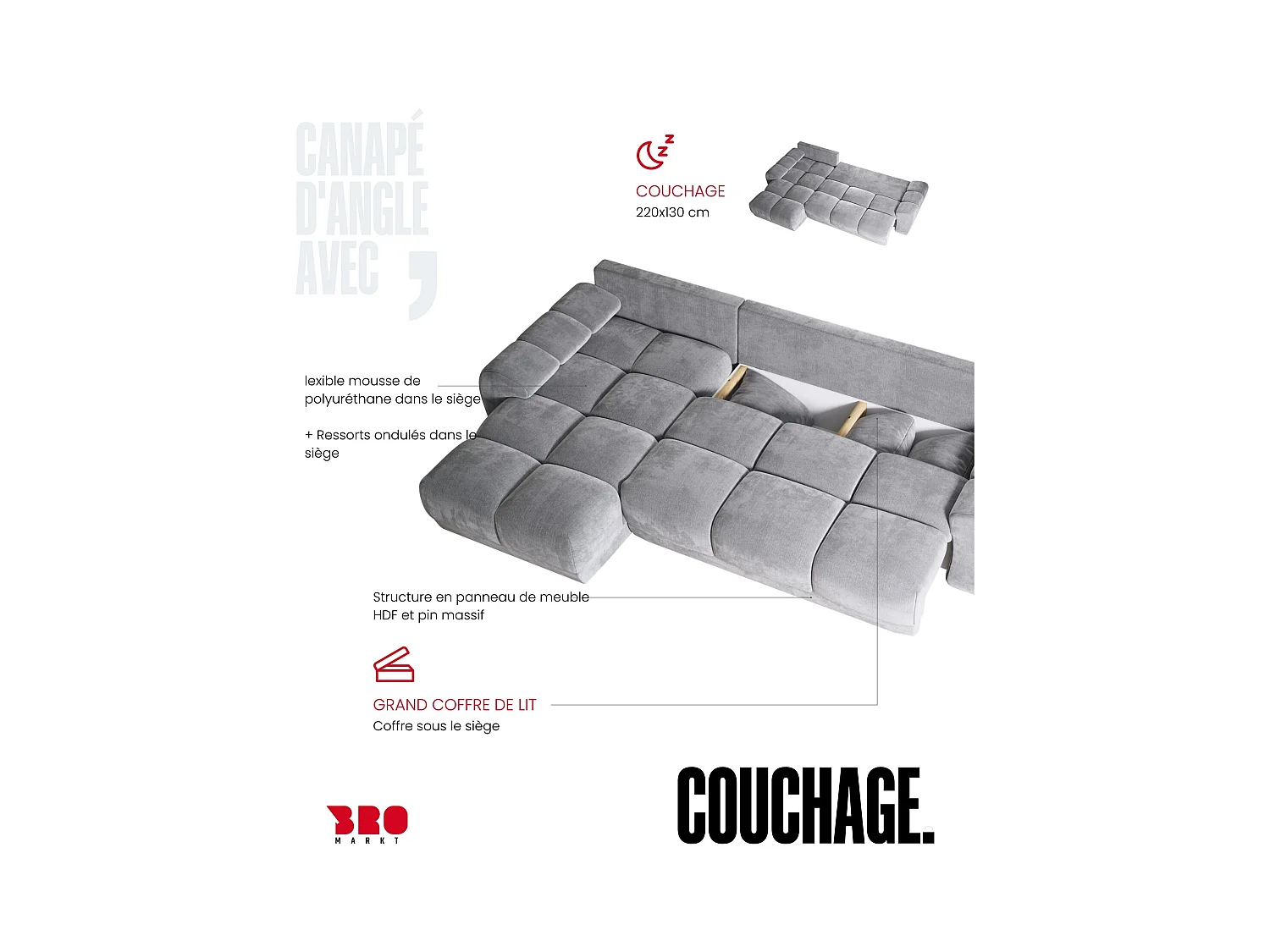 Canapé d'angle convertible en forme de L NUBES 290x180x85 cm gris clair