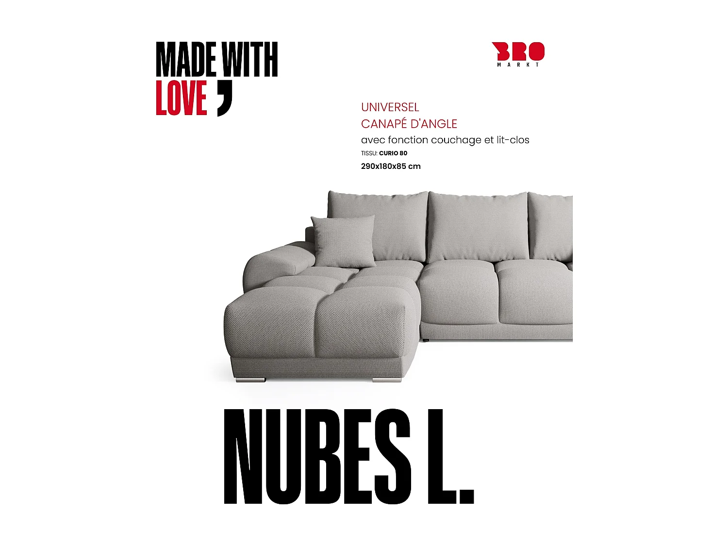 Canapé d'angle convertible en forme de L NUBES 290x180x85 cm gris clair