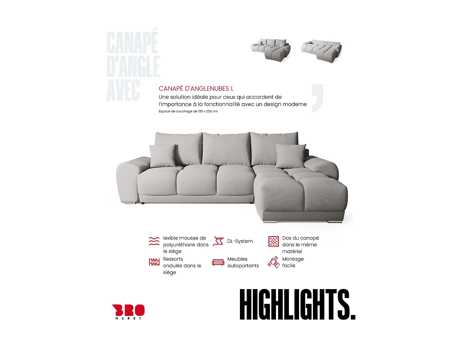 Canapé d'angle convertible en forme de L NUBES 290x180x85 cm gris clair