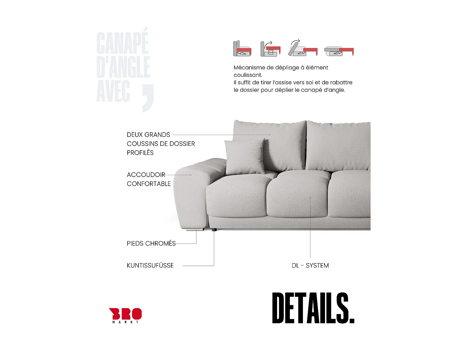 Canapé d'angle convertible en forme de L NUBES 290x180x85 cm gris clair