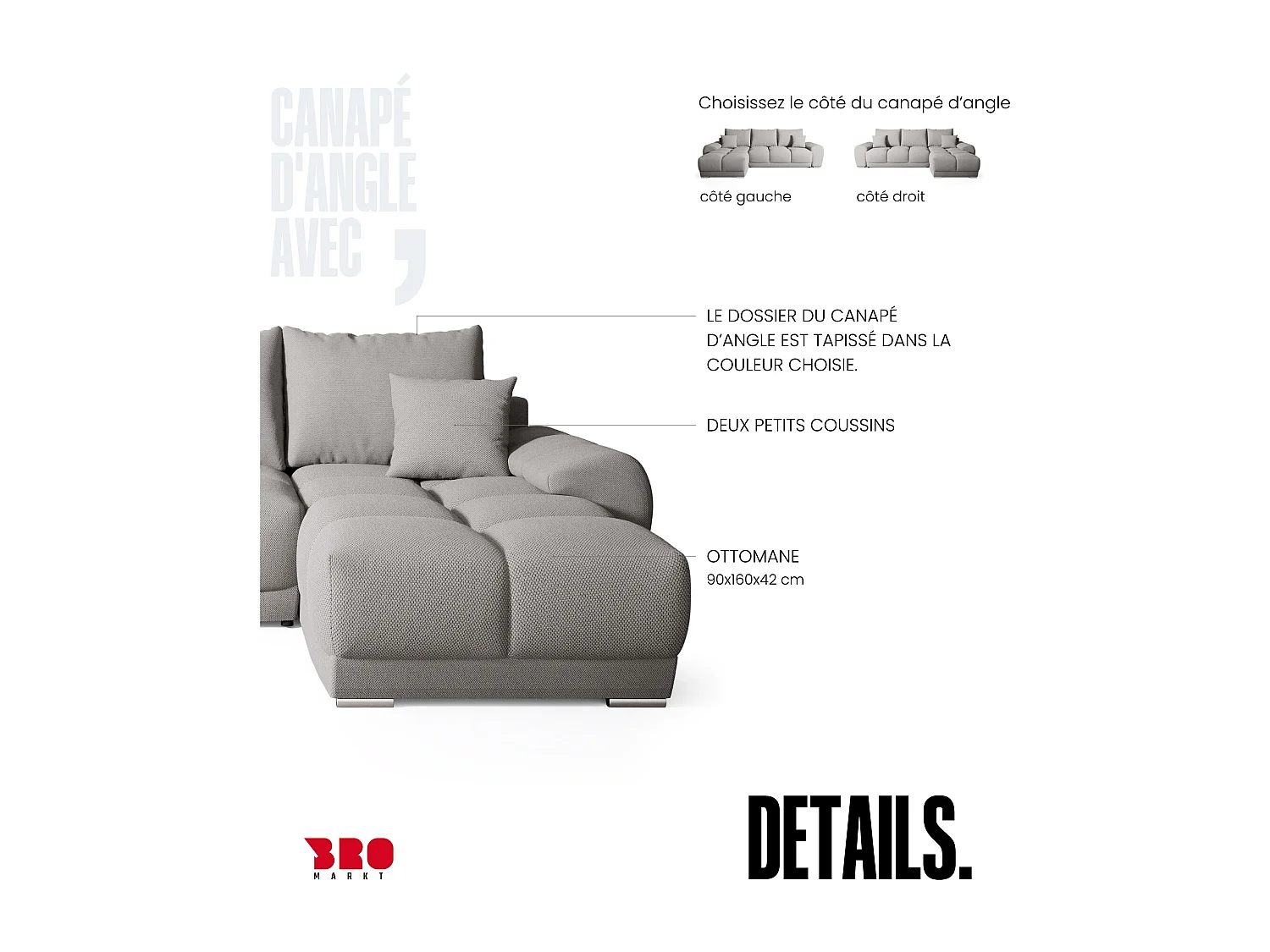 Canapé d'angle convertible en forme de L NUBES 290x180x85 cm gris clair