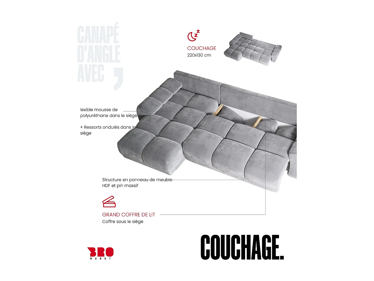 Canapé d'angle convertible en forme de L NUBES 290x180x85 cm gris clair