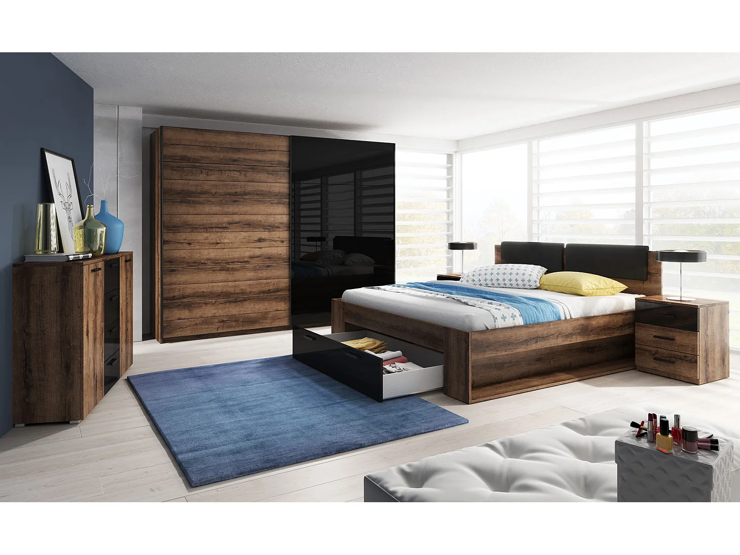 NACHTTISCH 2er-Set Granada Monastery Eiche / Schwarz Hochglanz 47 / 42 / 56 cm