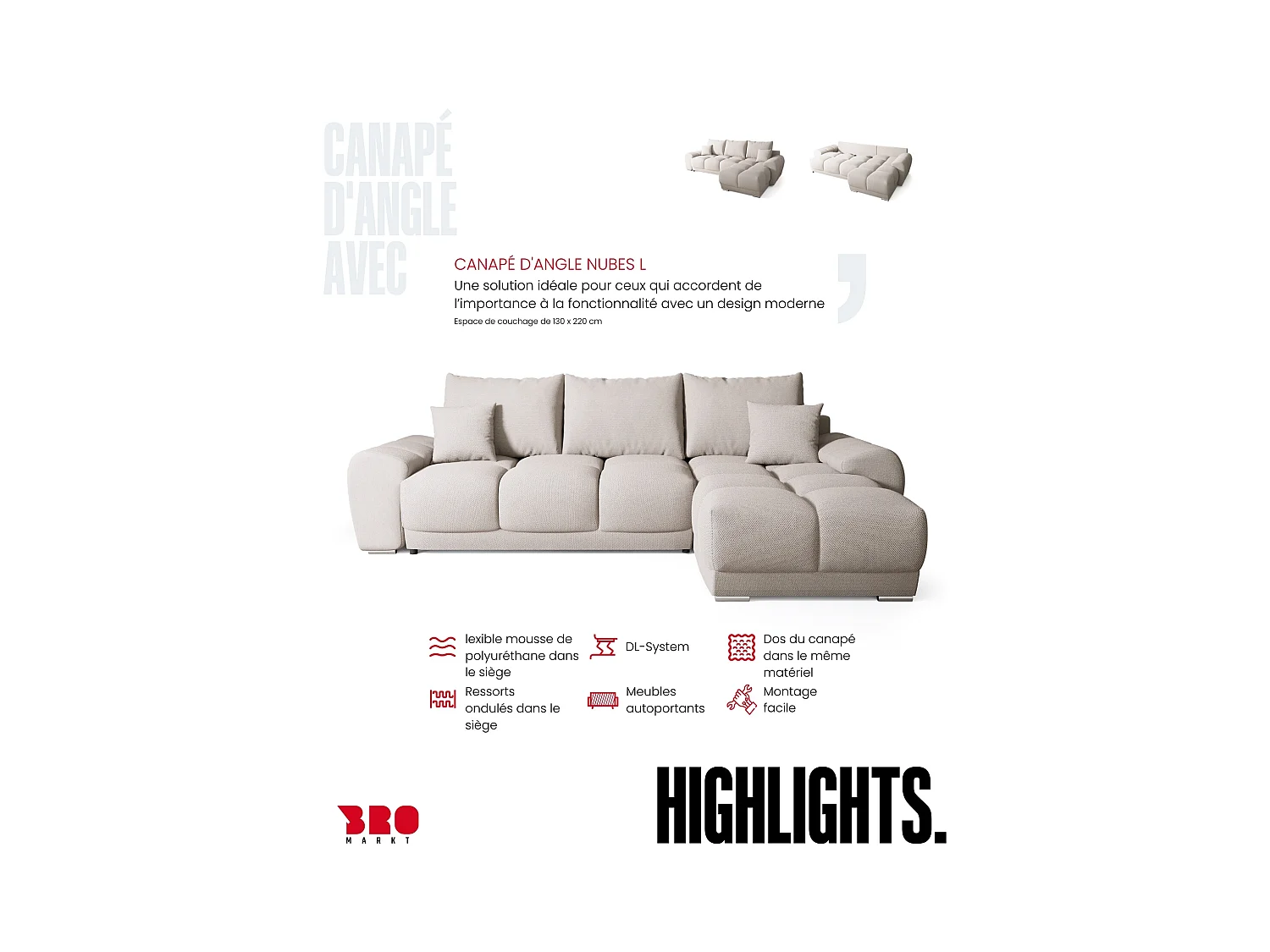 Canapé d'angle convertible en forme de L NUBES 290x180x85 cm beige clair