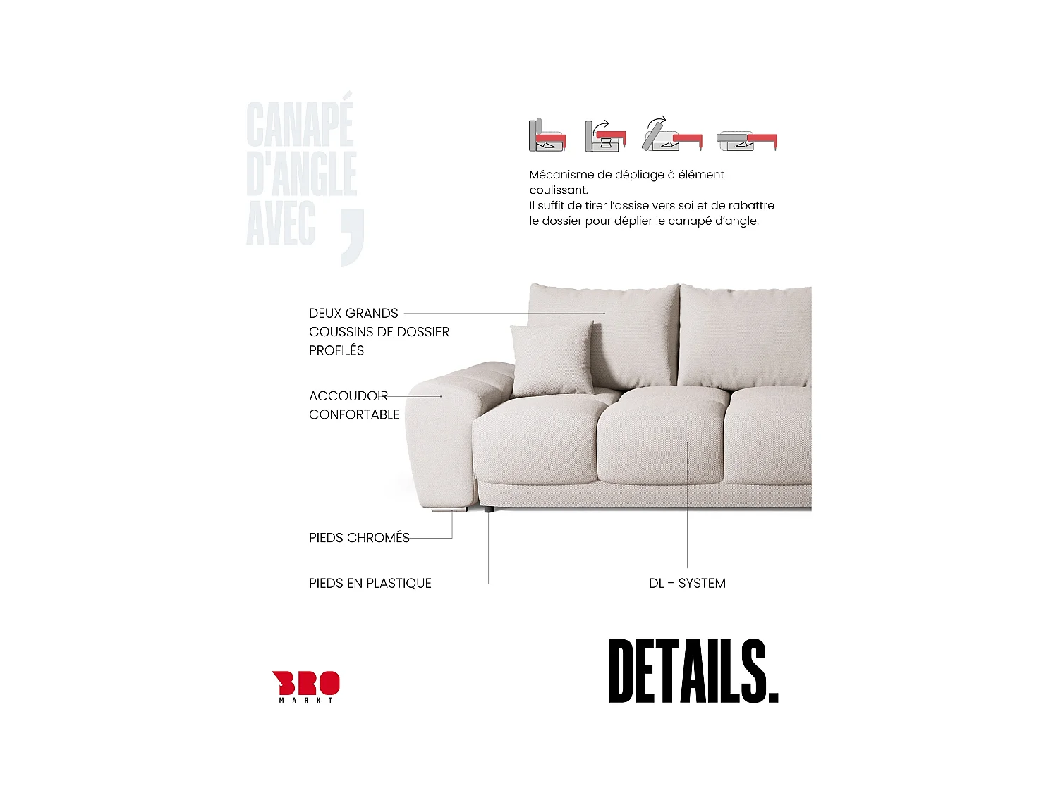 Canapé d'angle convertible en forme de L NUBES 290x180x85 cm beige clair