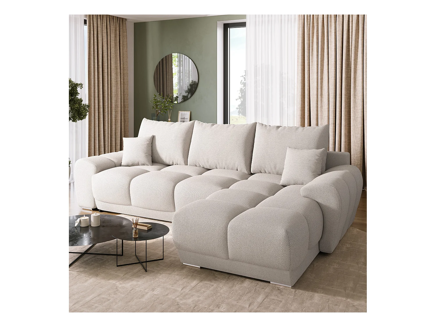 Canapé d'angle convertible en forme de L NUBES 290x180x85 cm beige clair