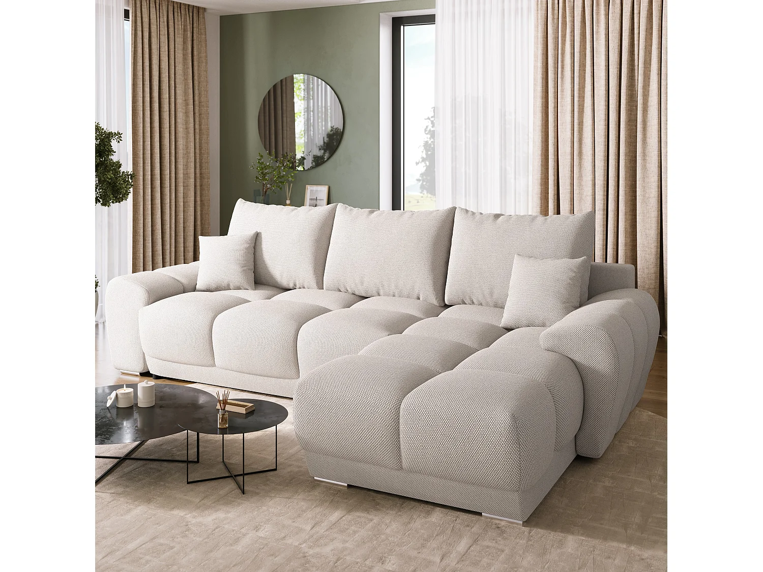 Canapé d'angle convertible en forme de L NUBES 290x180x85 cm beige clair