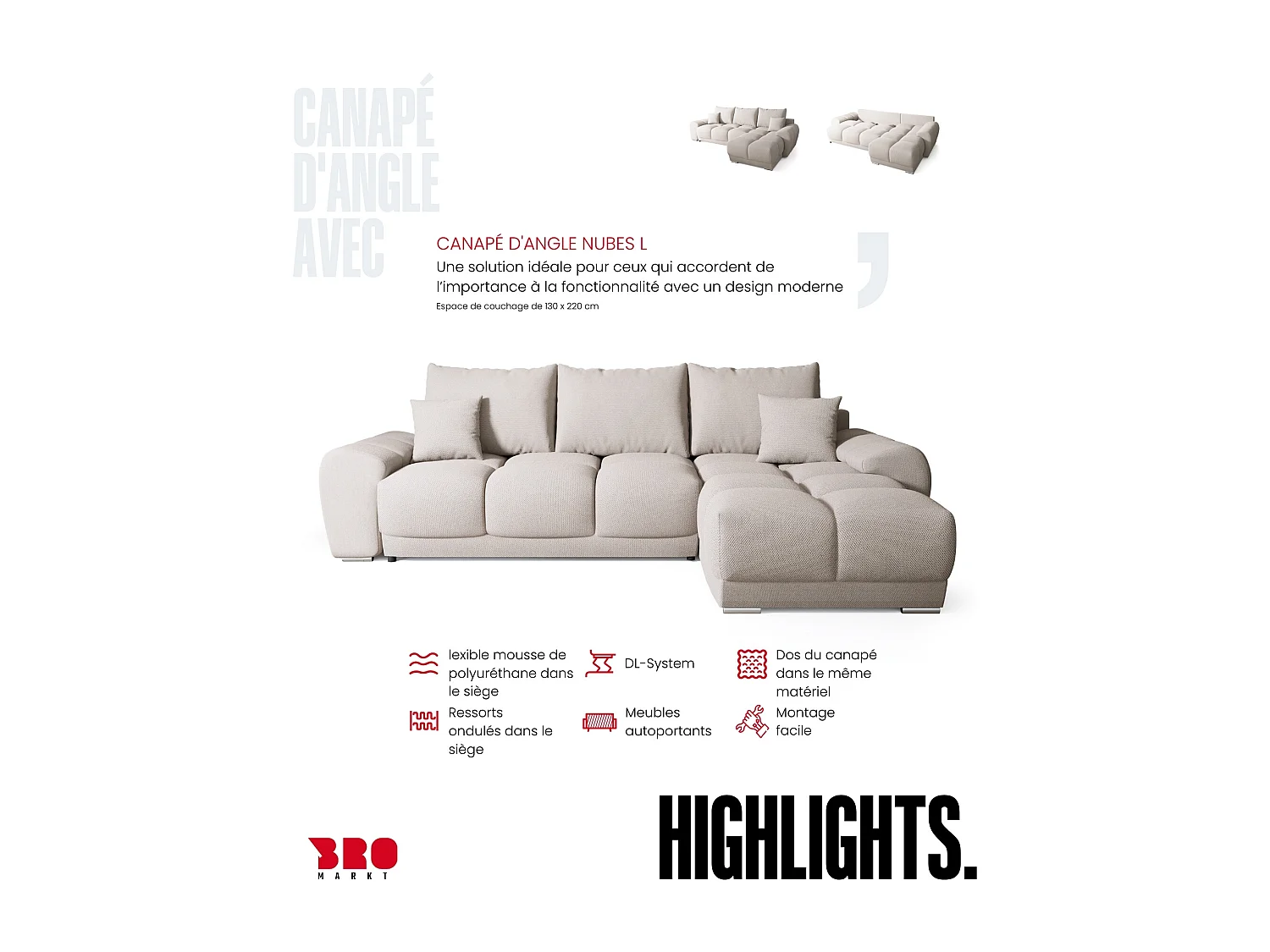 Canapé d'angle convertible en forme de L NUBES 290x180x85 cm beige clair