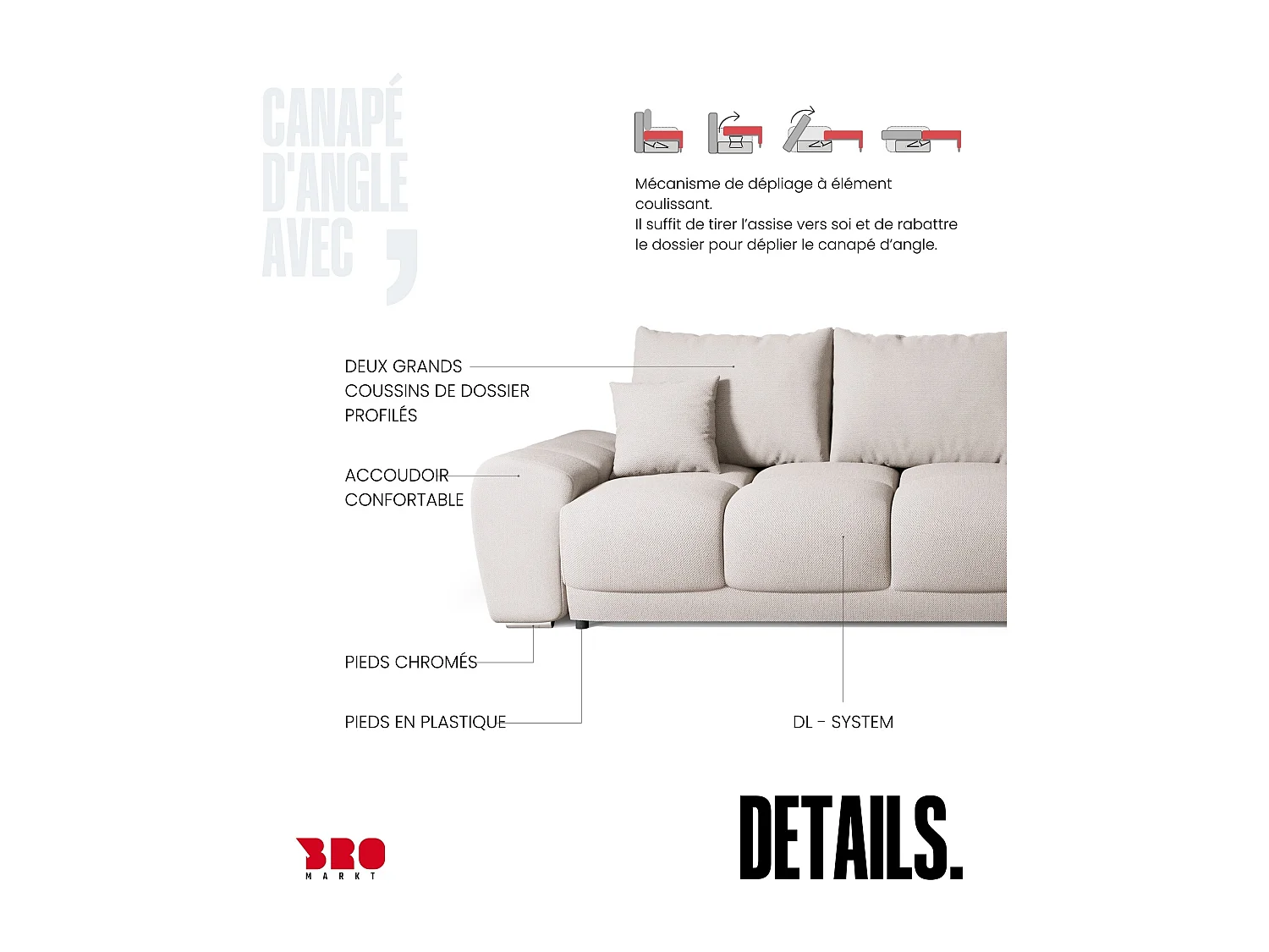 Canapé d'angle convertible en forme de L NUBES 290x180x85 cm beige clair