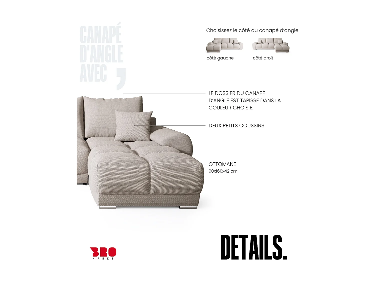 Canapé d'angle convertible en forme de L NUBES 290x180x85 cm beige clair