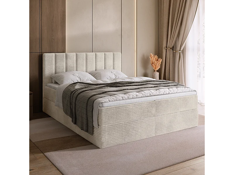 Lit boxspring avec rangement DENVER - matelas - surmatelas - vanille - velours côtelé - 140x200 cm