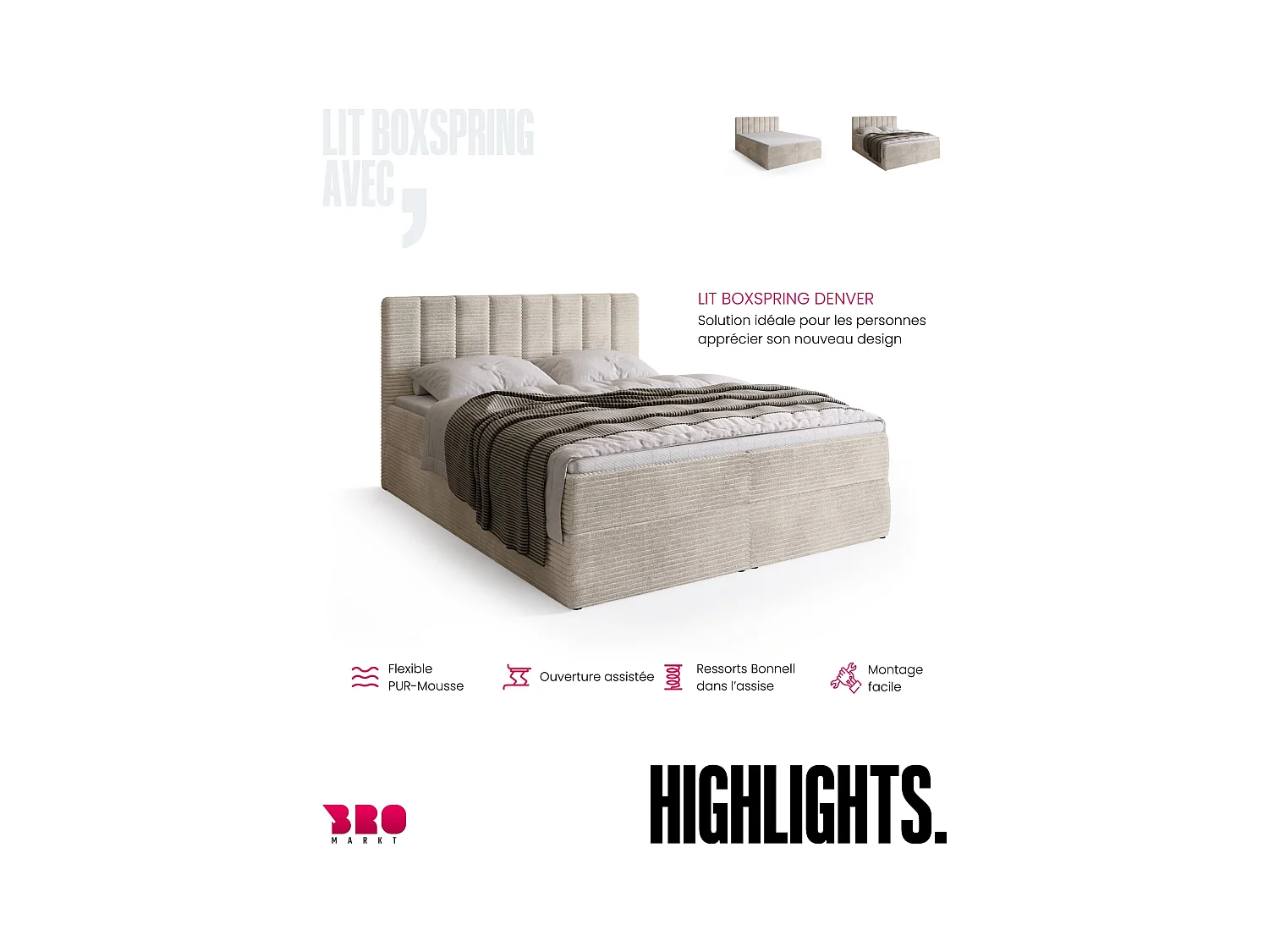 Lit boxspring avec rangement DENVER - matelas - surmatelas - vanille - velours côtelé - 140x200 cm