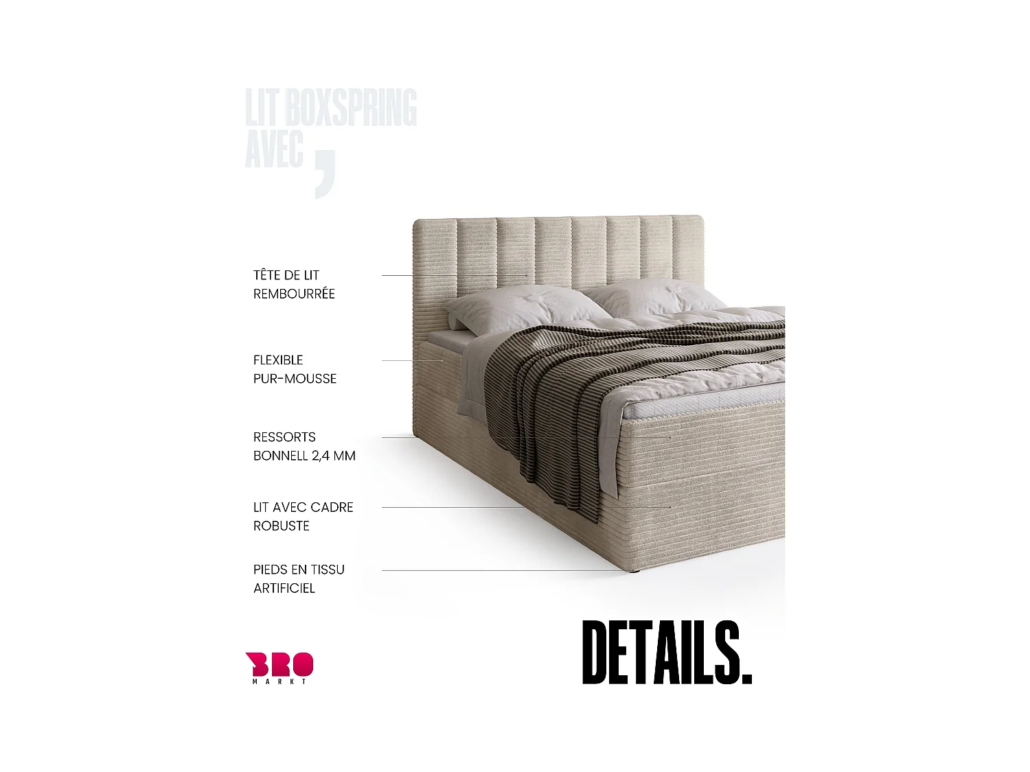 Lit boxspring avec rangement DENVER - matelas - surmatelas - vanille - velours côtelé - 140x200 cm