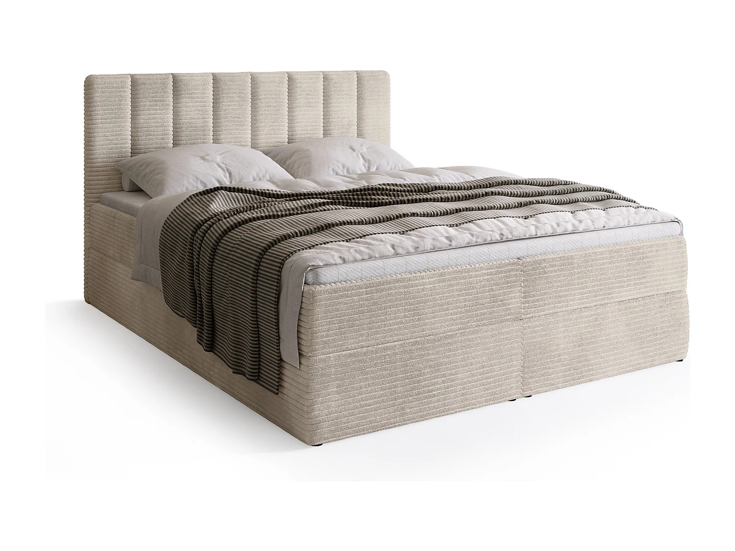 Lit boxspring avec rangement DENVER - matelas - surmatelas - vanille - velours côtelé - 140x200 cm