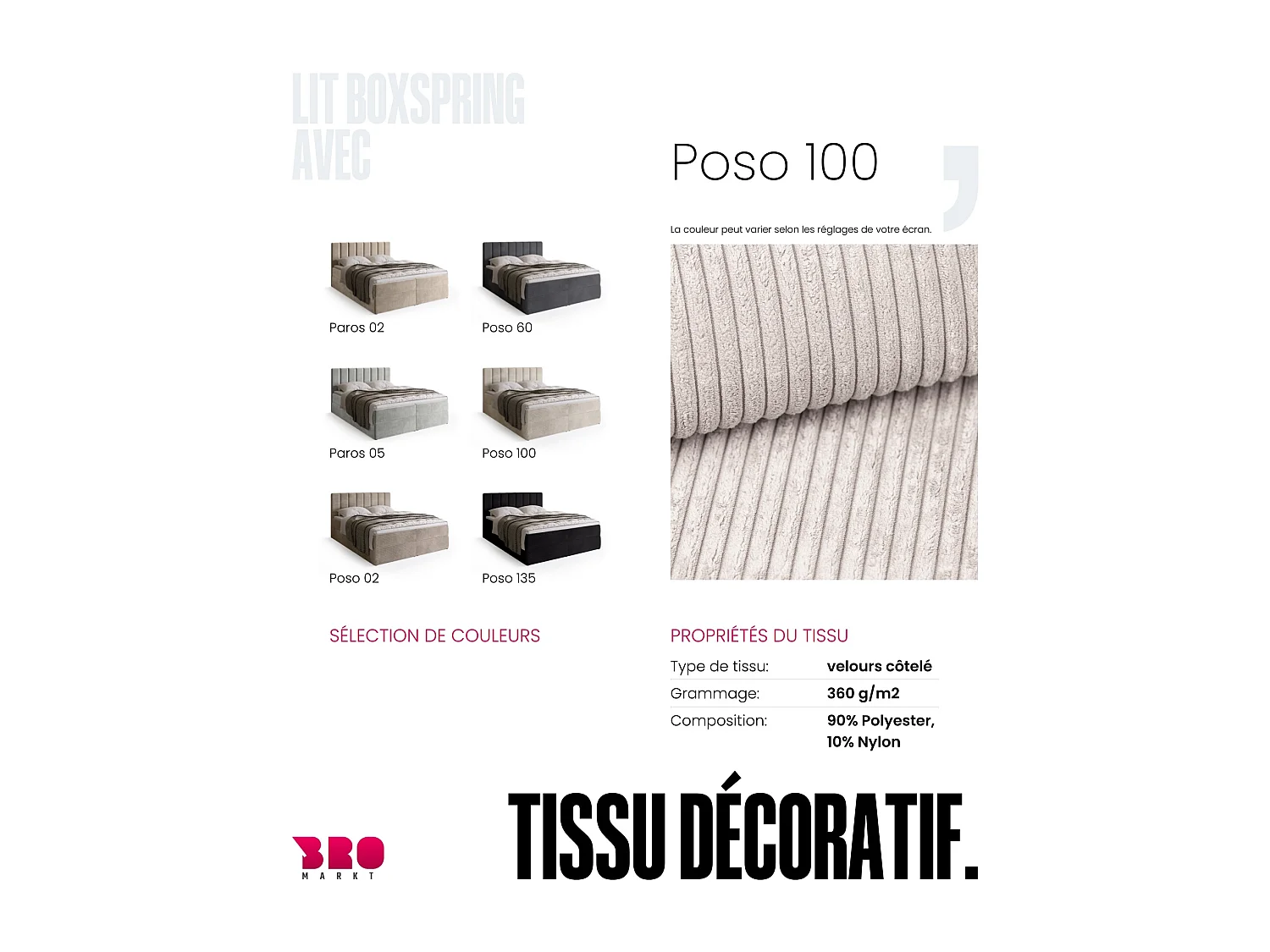 Lit boxspring avec rangement DENVER - matelas - surmatelas - vanille - velours côtelé - 140x200 cm