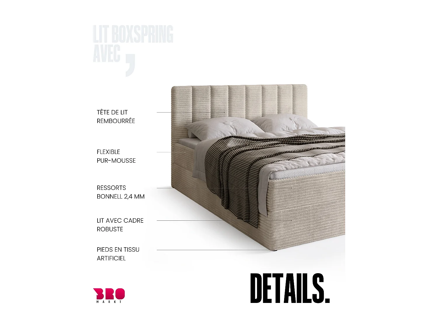 Lit boxspring avec rangement DENVER - matelas - surmatelas - vanille - velours côtelé - 140x200 cm