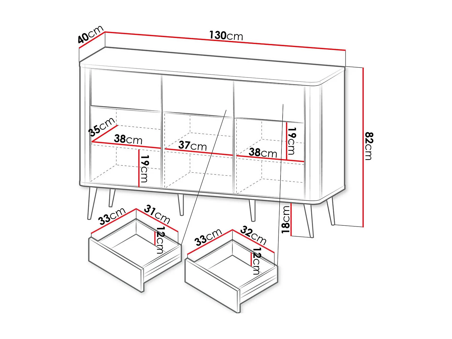 KOMMODE Marly Kaschmir / Walnuss 130 / 40 / 82cm