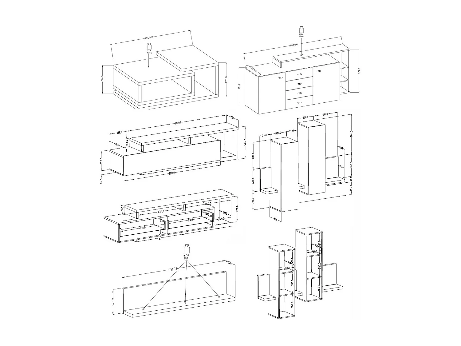 WOHNZIMMER-SET 5-teilig Broto Weiß / Beton Colorado