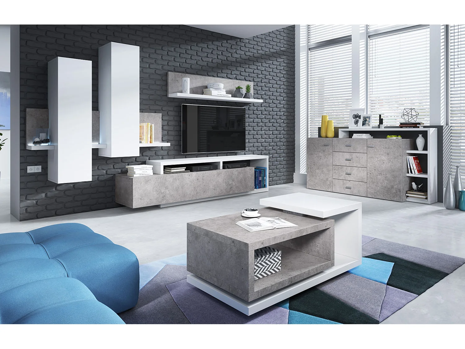 WOHNZIMMER-SET 5-teilig Broto Weiß / Beton Colorado