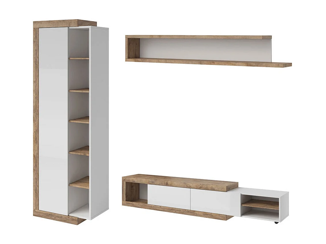 WOHNWAND 3-teilig Saragossa weiß Hochglanz / Samdal Eiche