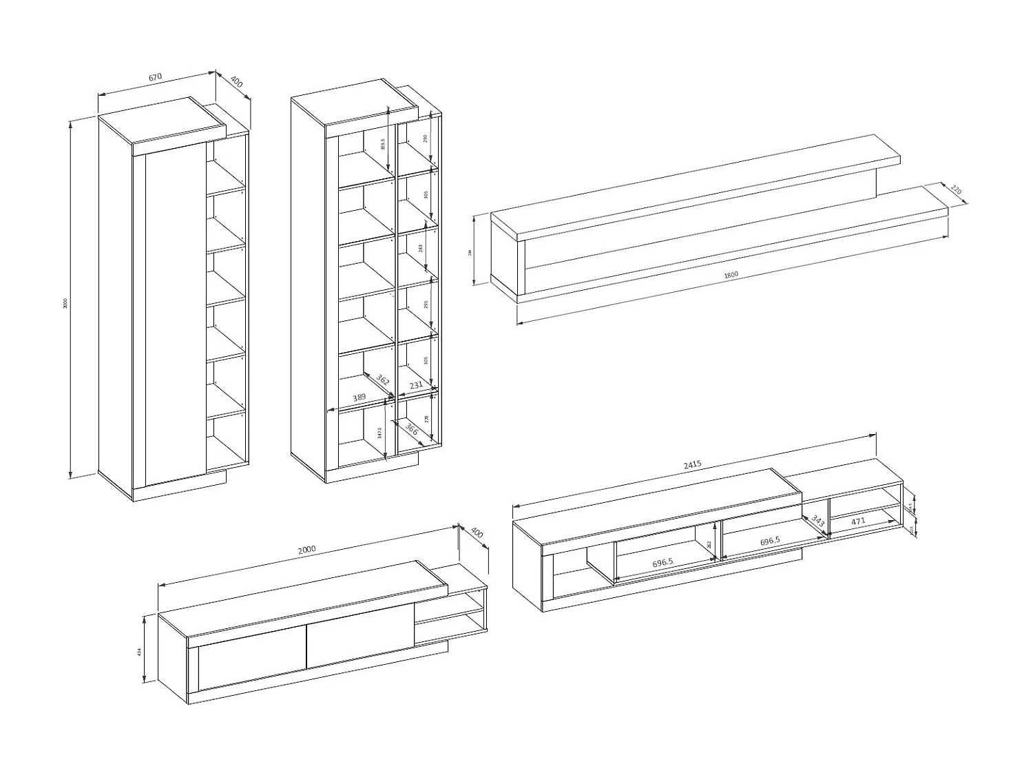 WOHNWAND 3-teilig Saragossa weiß Hochglanz / Samdal Eiche
