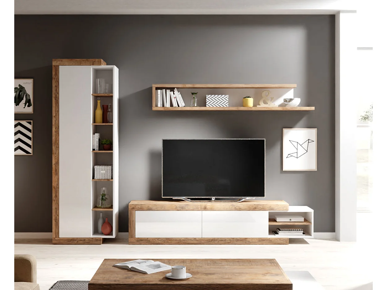 WOHNWAND 3-teilig Saragossa weiß Hochglanz / Samdal Eiche