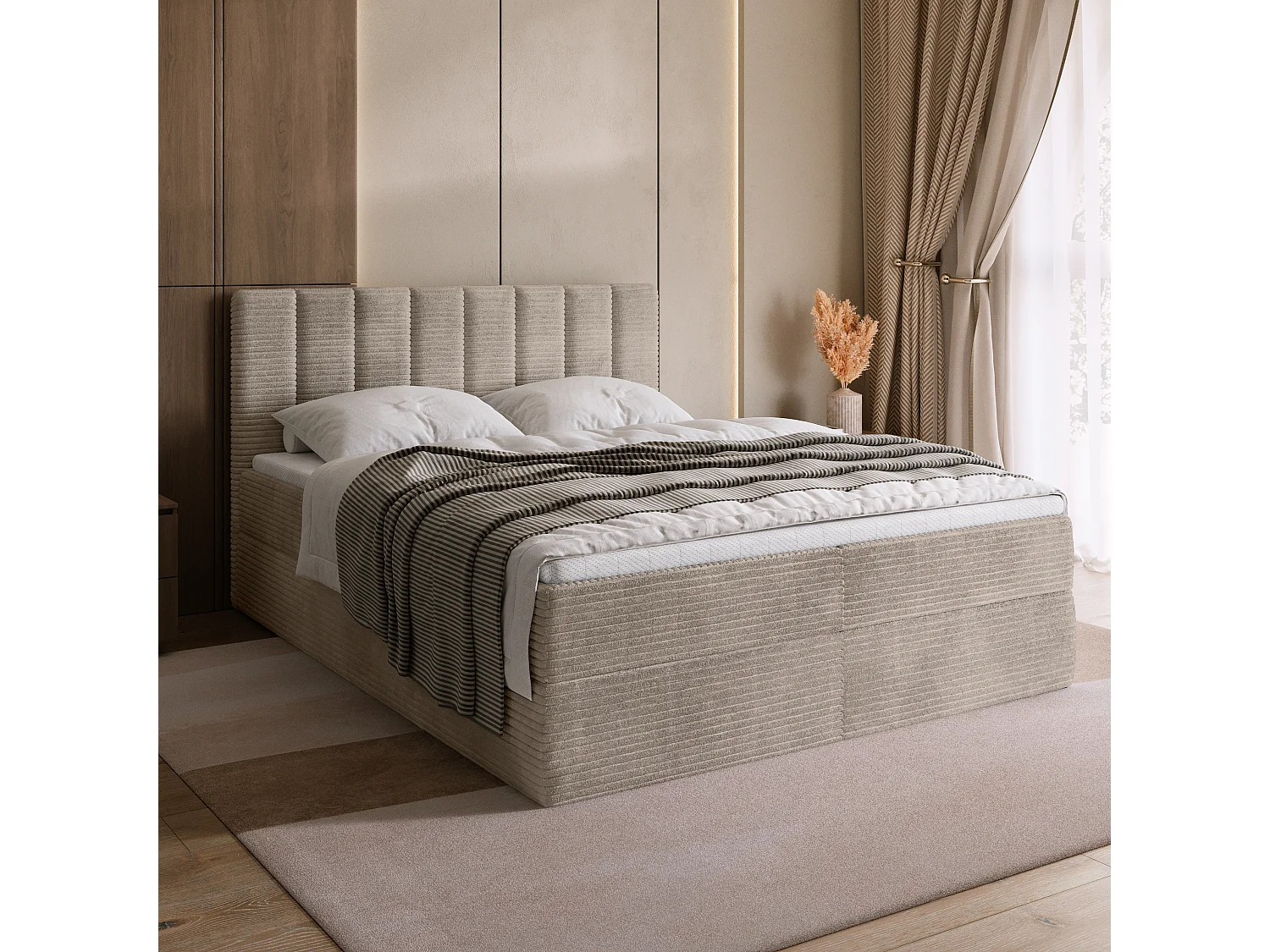 Lit boxspring avec rangement DENVER - matelas - surmatelas - beige - velours côtelé - 140x200 cm