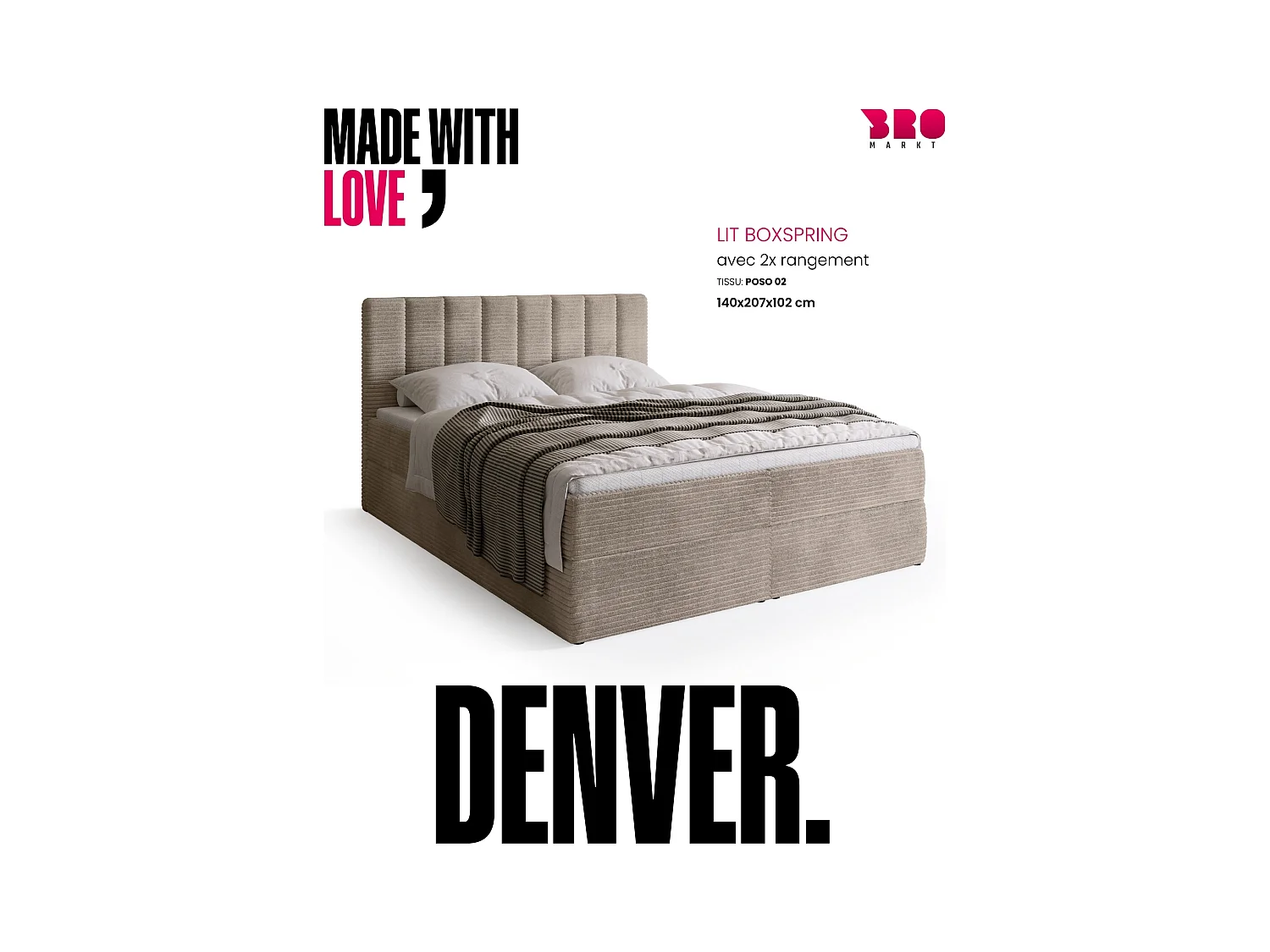 Lit boxspring avec rangement DENVER - matelas - surmatelas - beige - velours côtelé - 140x200 cm