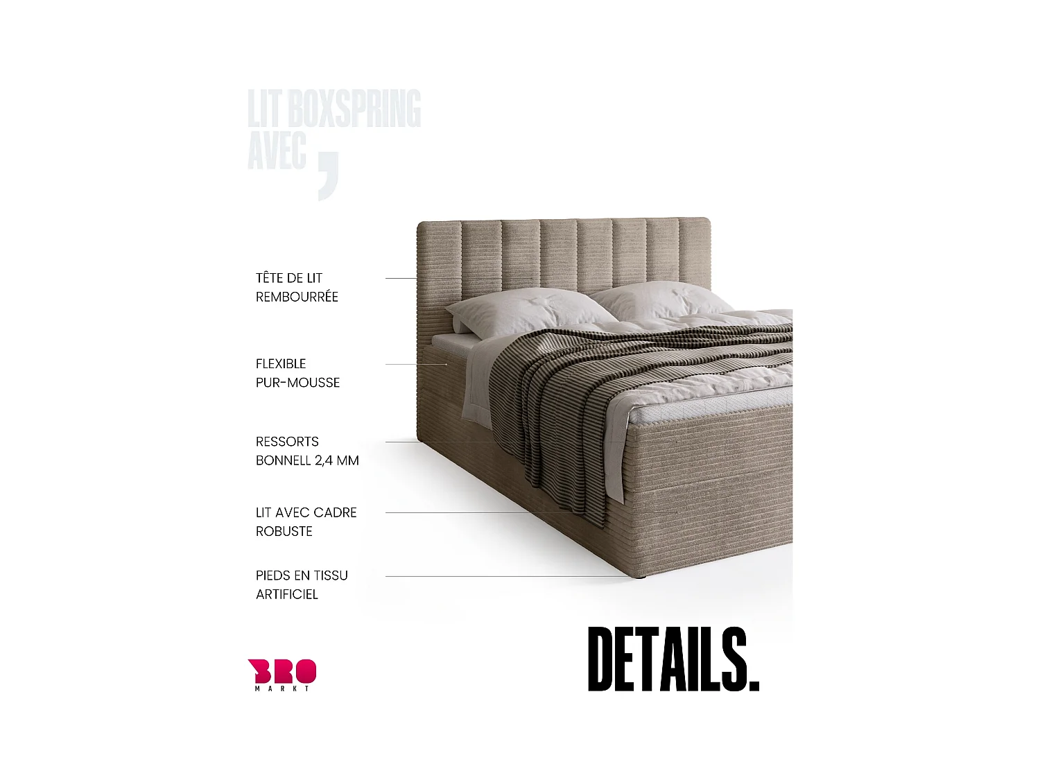 Lit boxspring avec rangement DENVER - matelas - surmatelas - beige - velours côtelé - 140x200 cm