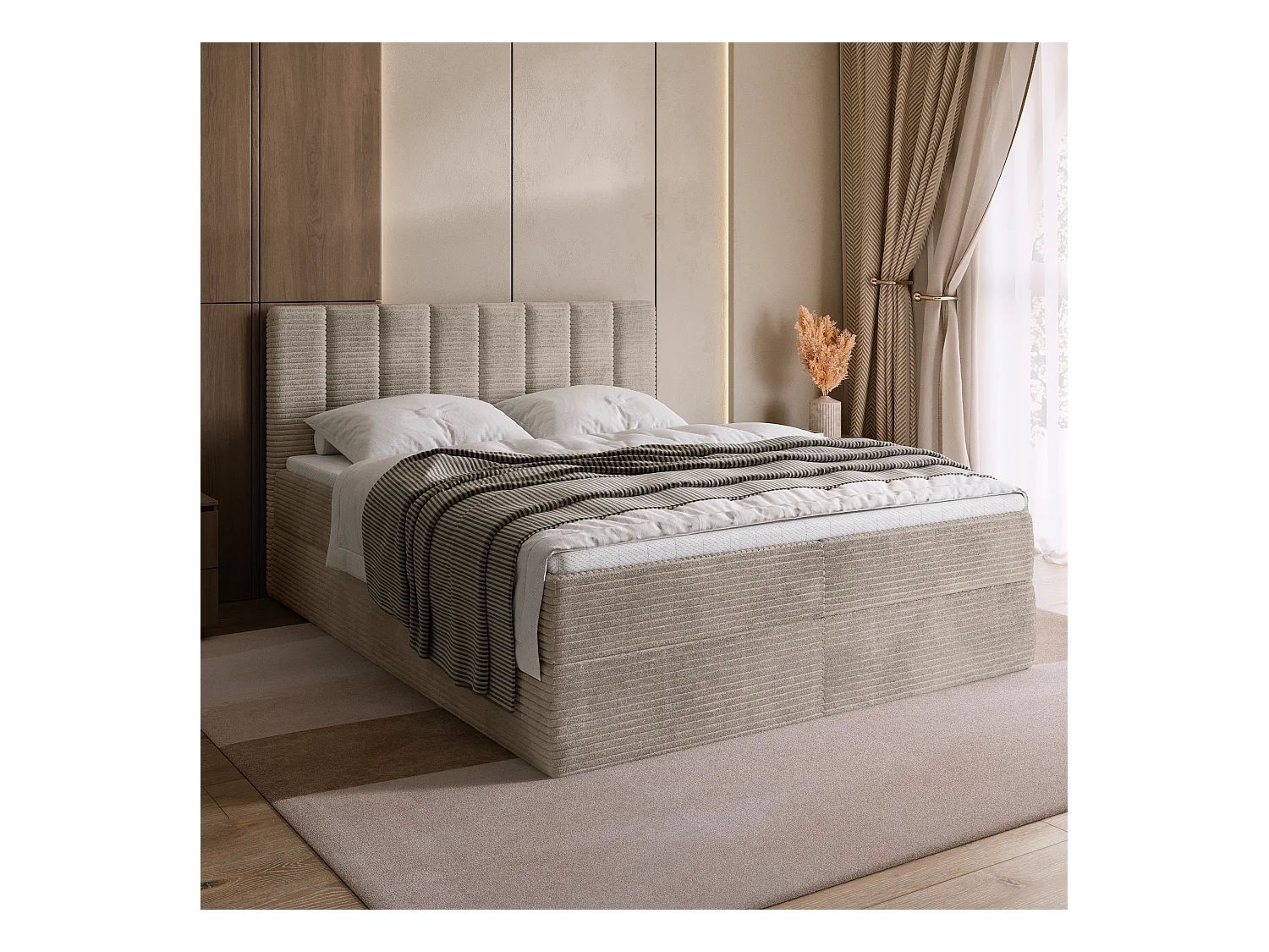 Lit boxspring avec rangement DENVER - matelas - surmatelas - beige - velours côtelé - 140x200 cm