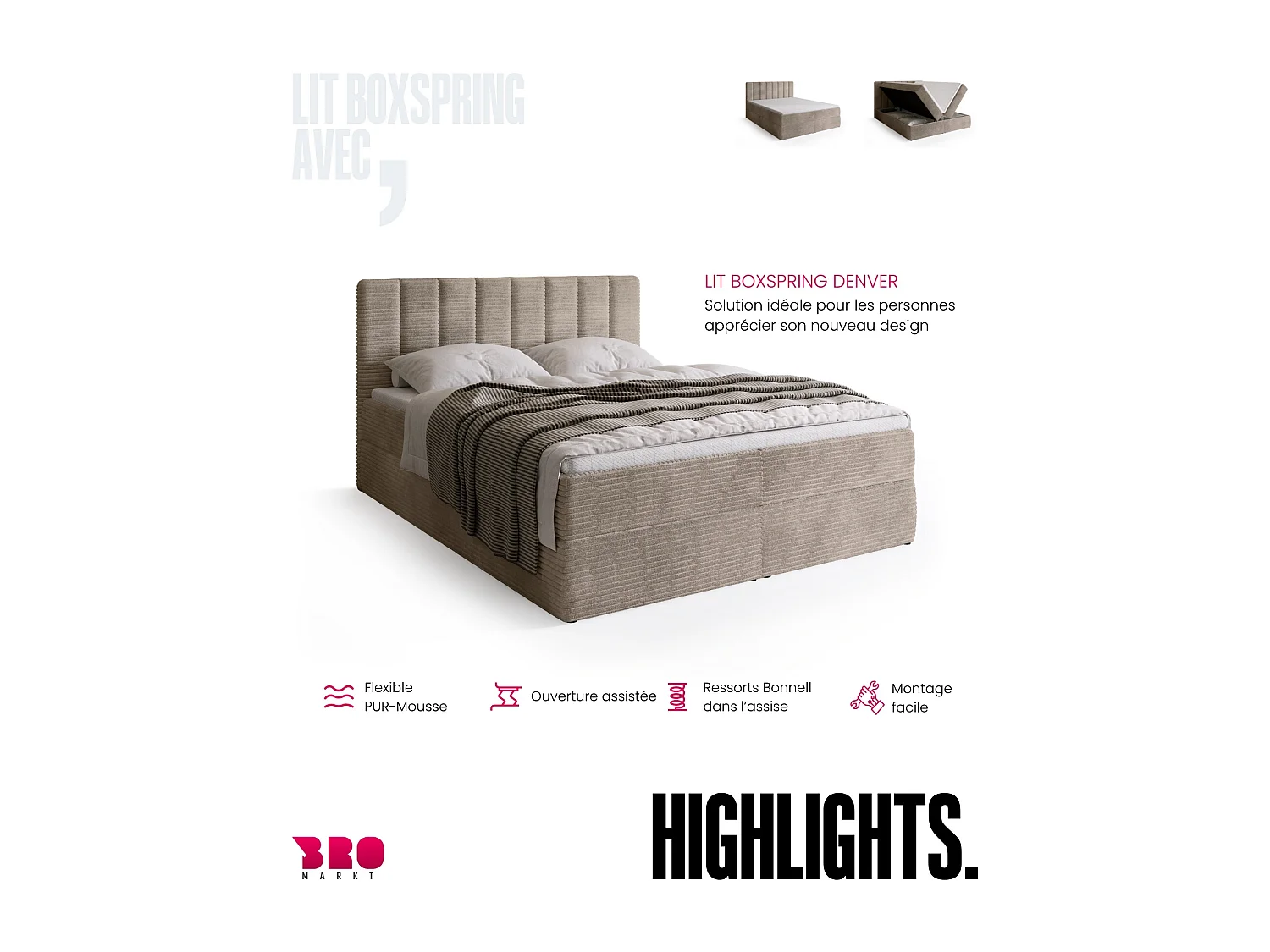 Lit boxspring avec rangement DENVER - matelas - surmatelas - beige - velours côtelé - 140x200 cm