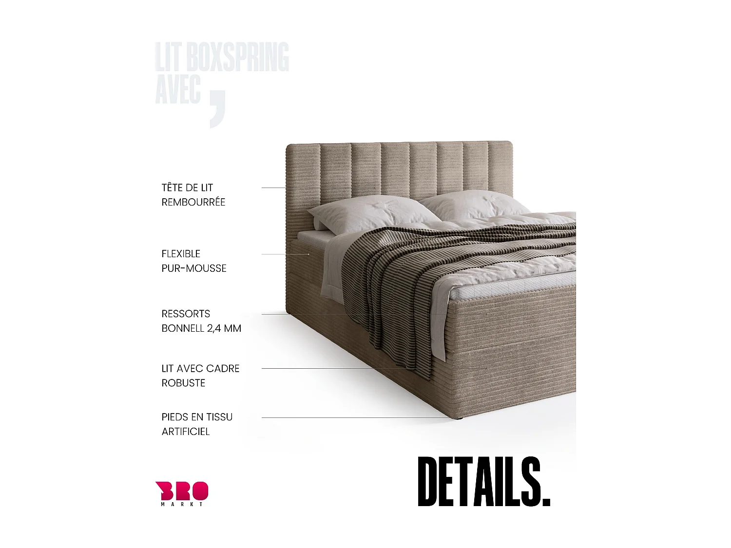 Lit boxspring avec rangement DENVER - matelas - surmatelas - beige - velours côtelé - 140x200 cm