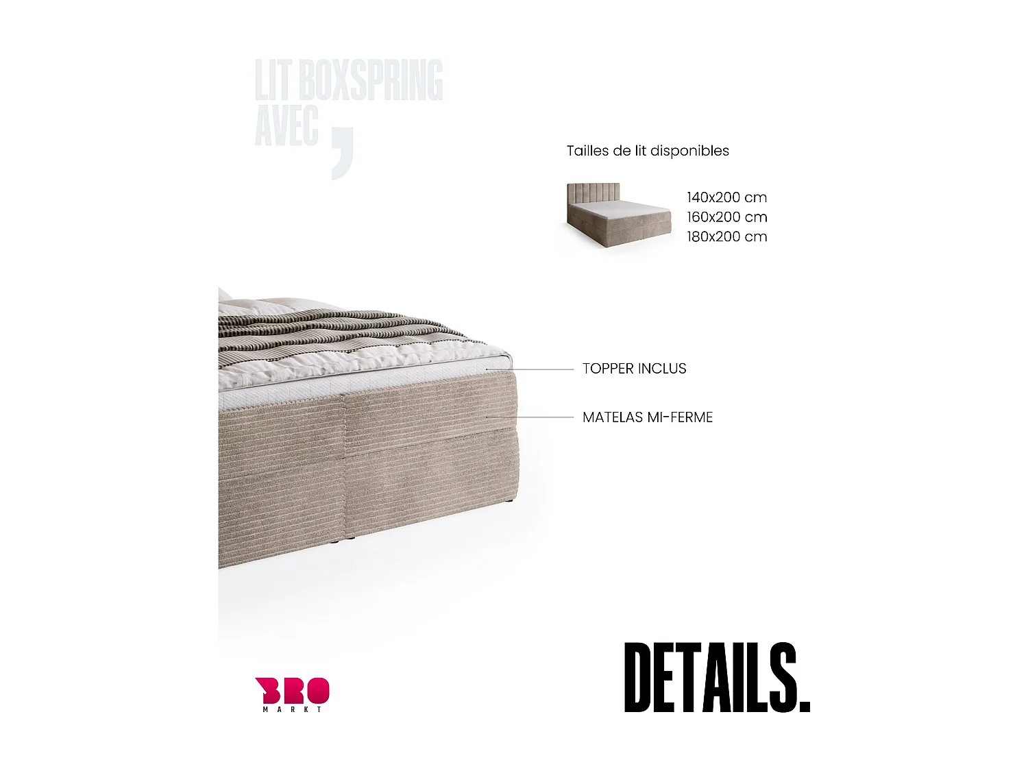 Lit boxspring avec rangement DENVER - matelas - surmatelas - beige - velours côtelé - 140x200 cm