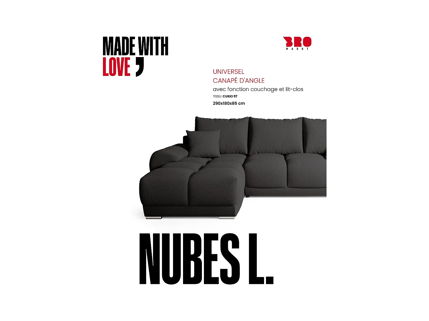 Canapé d'angle convertible en forme de L NUBES 290x180x85 cm graphite