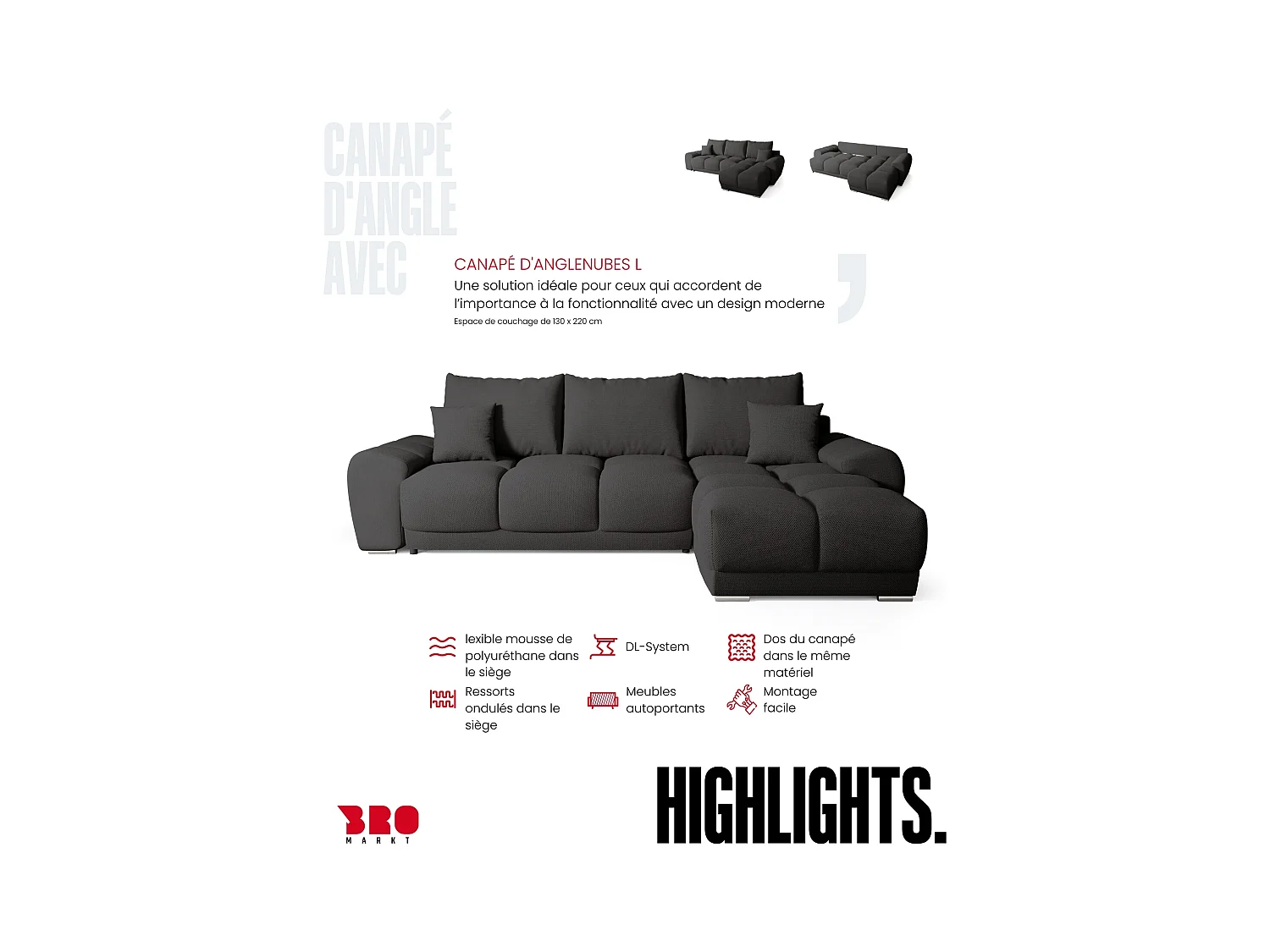 Canapé d'angle convertible en forme de L NUBES 290x180x85 cm graphite