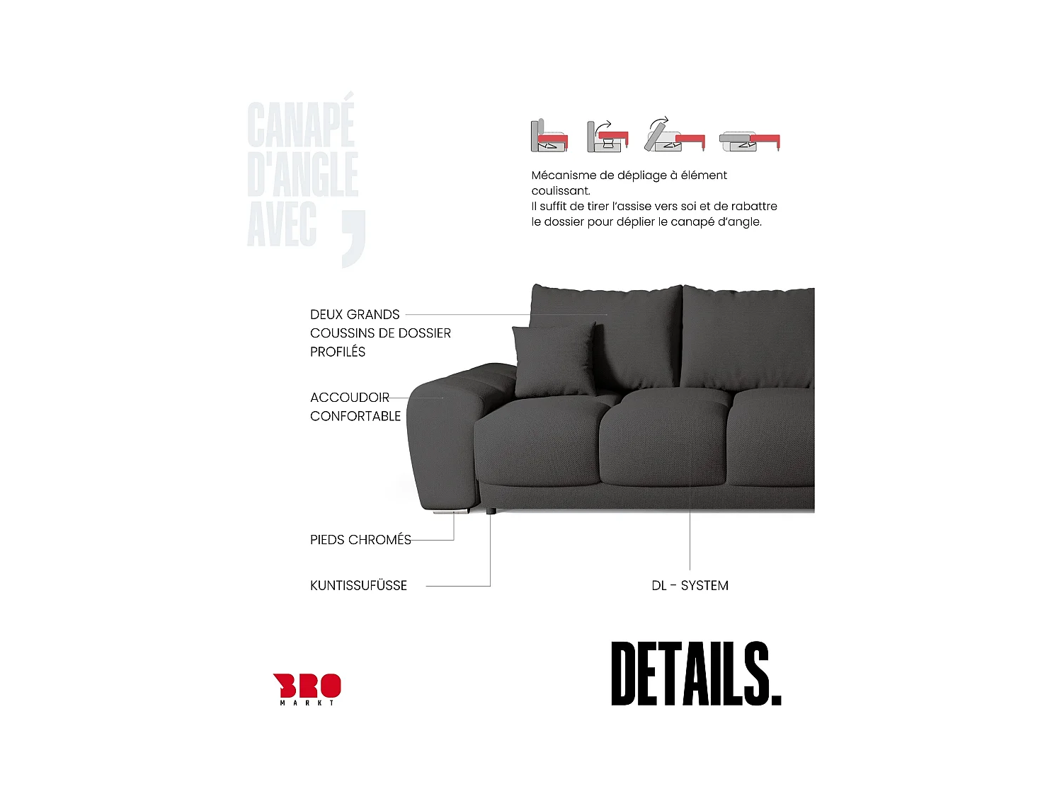 Canapé d'angle convertible en forme de L NUBES 290x180x85 cm graphite