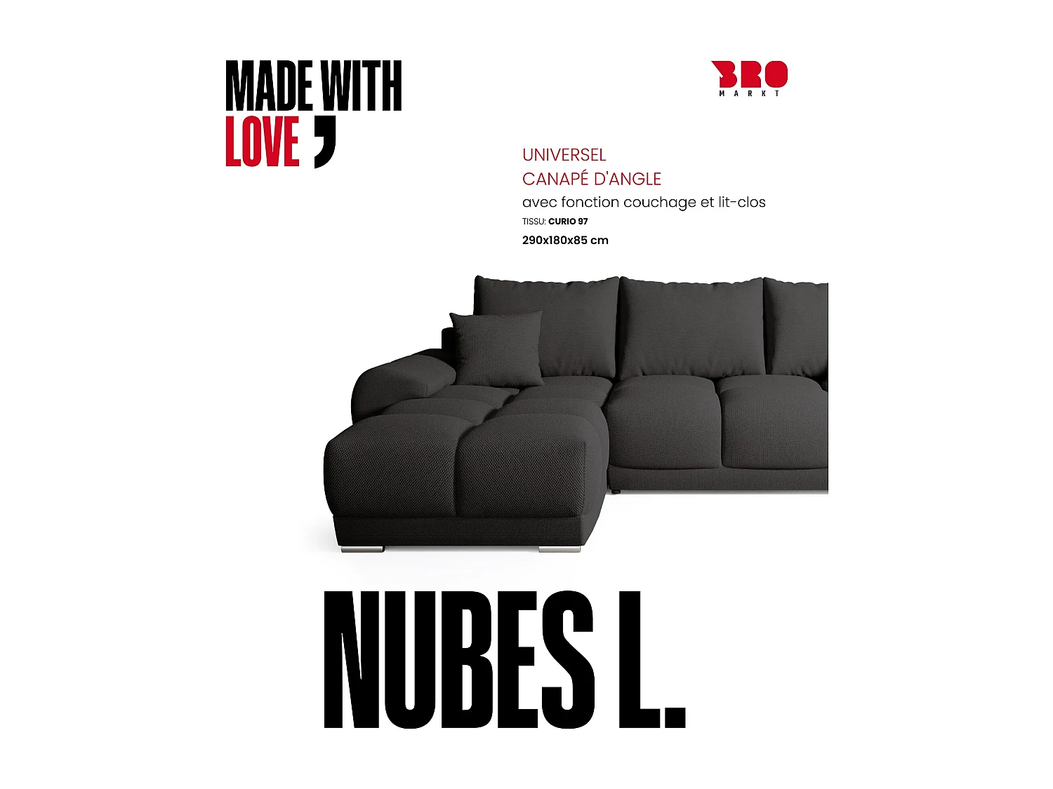 Canapé d'angle convertible en forme de L NUBES 290x180x85 cm graphite