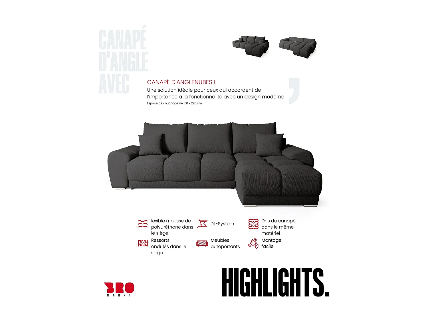 Canapé d'angle convertible en forme de L NUBES 290x180x85 cm graphite
