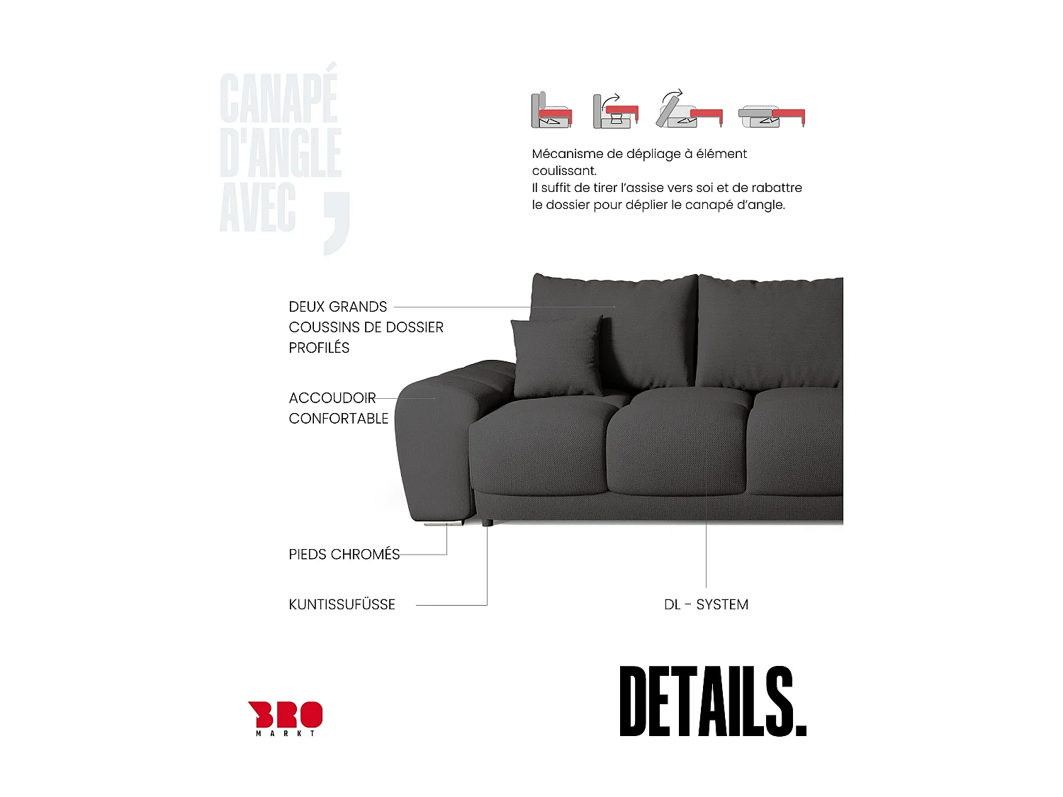 Canapé d'angle convertible en forme de L NUBES 290x180x85 cm graphite