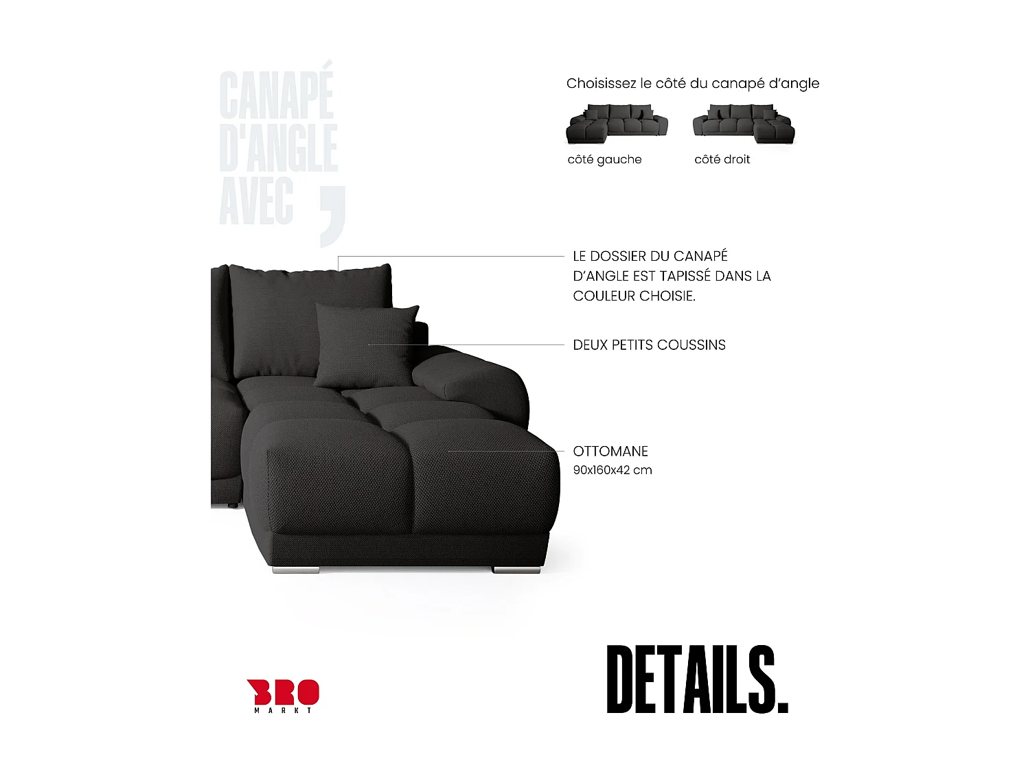 Canapé d'angle convertible en forme de L NUBES 290x180x85 cm graphite