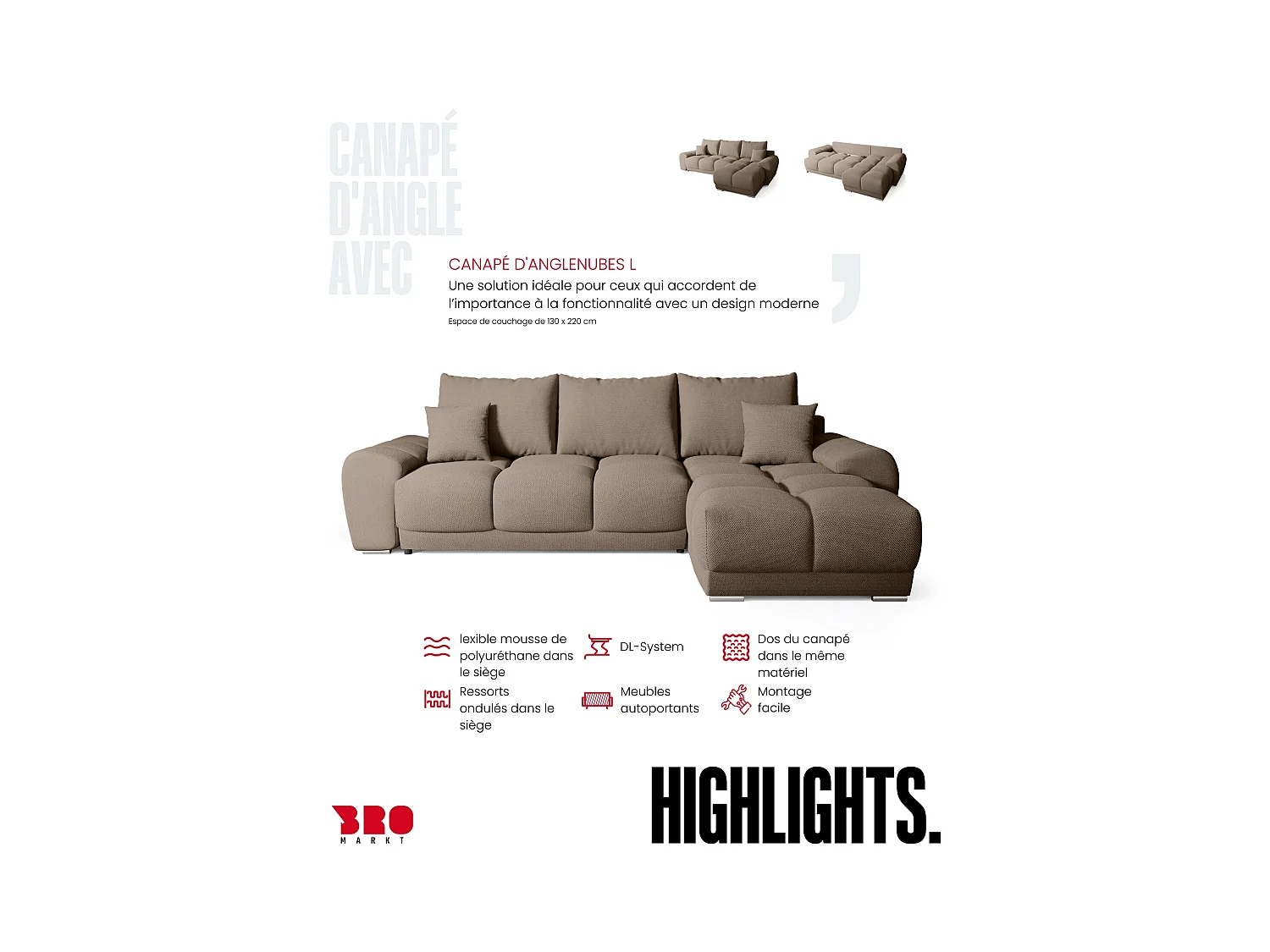 Canapé d'angle convertible en forme de L NUBES 290x180x85 cm marron