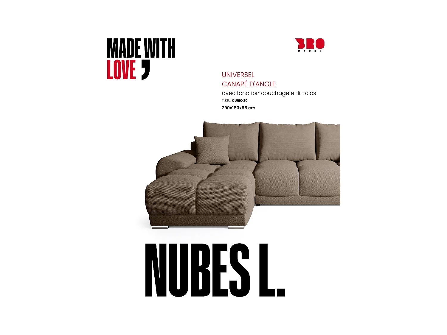 Canapé d'angle convertible en forme de L NUBES 290x180x85 cm marron