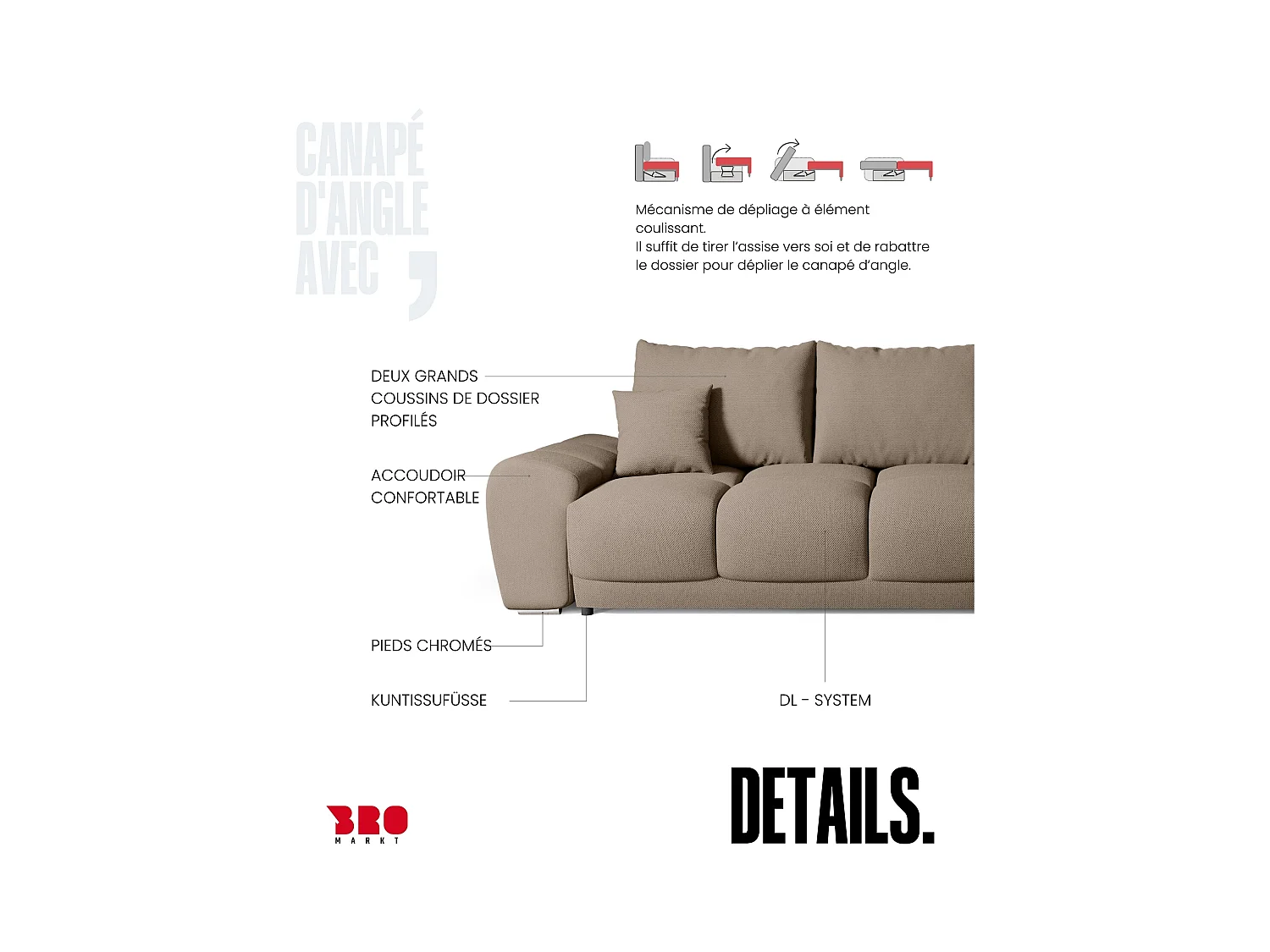 Canapé d'angle convertible en forme de L NUBES 290x180x85 cm marron